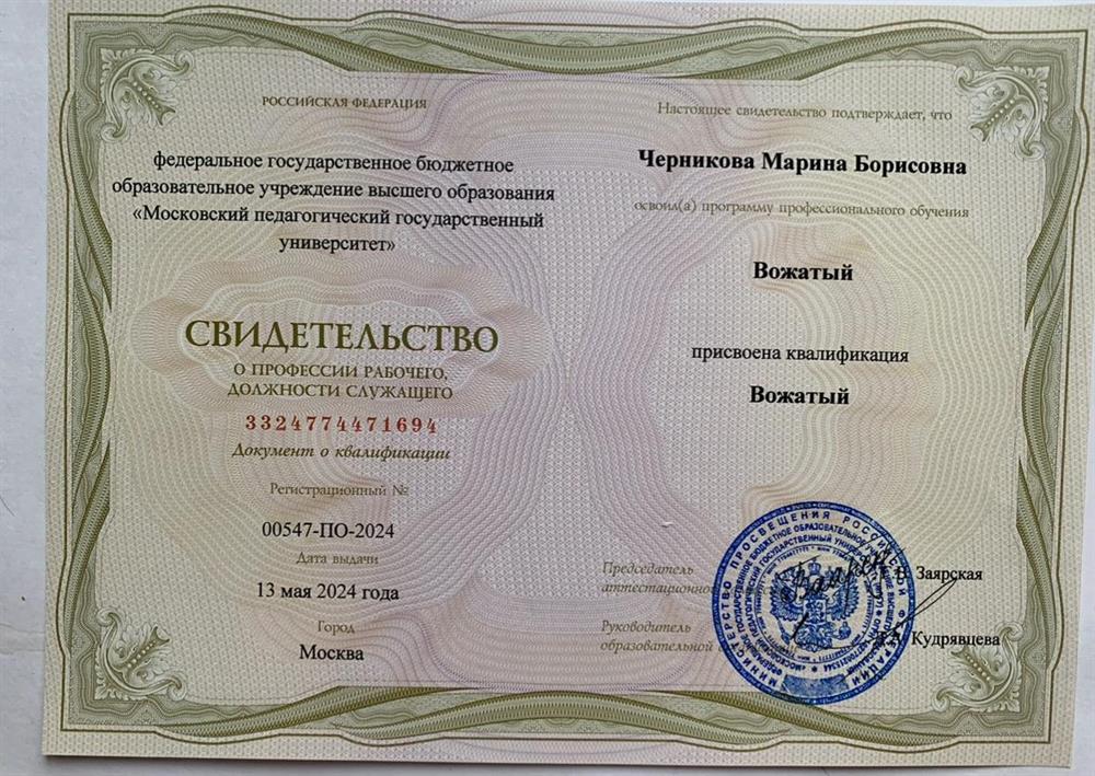 МПГУ. Профессиональное обучение. Присвоена квалификация «Вожатый»