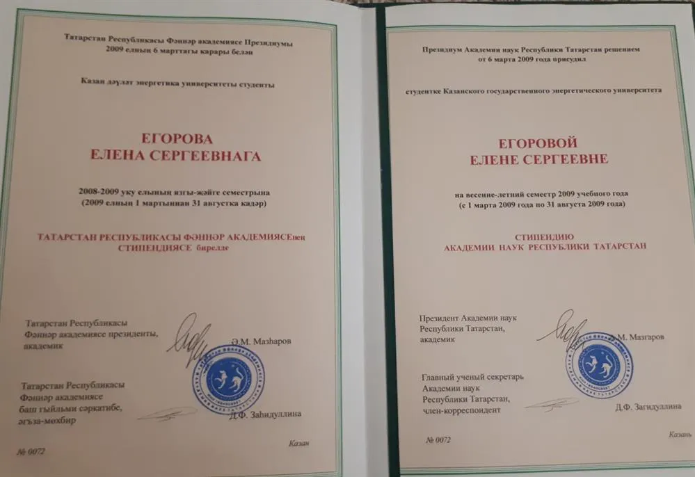 Диплом стипендиата Академии наук Республики Татарстан