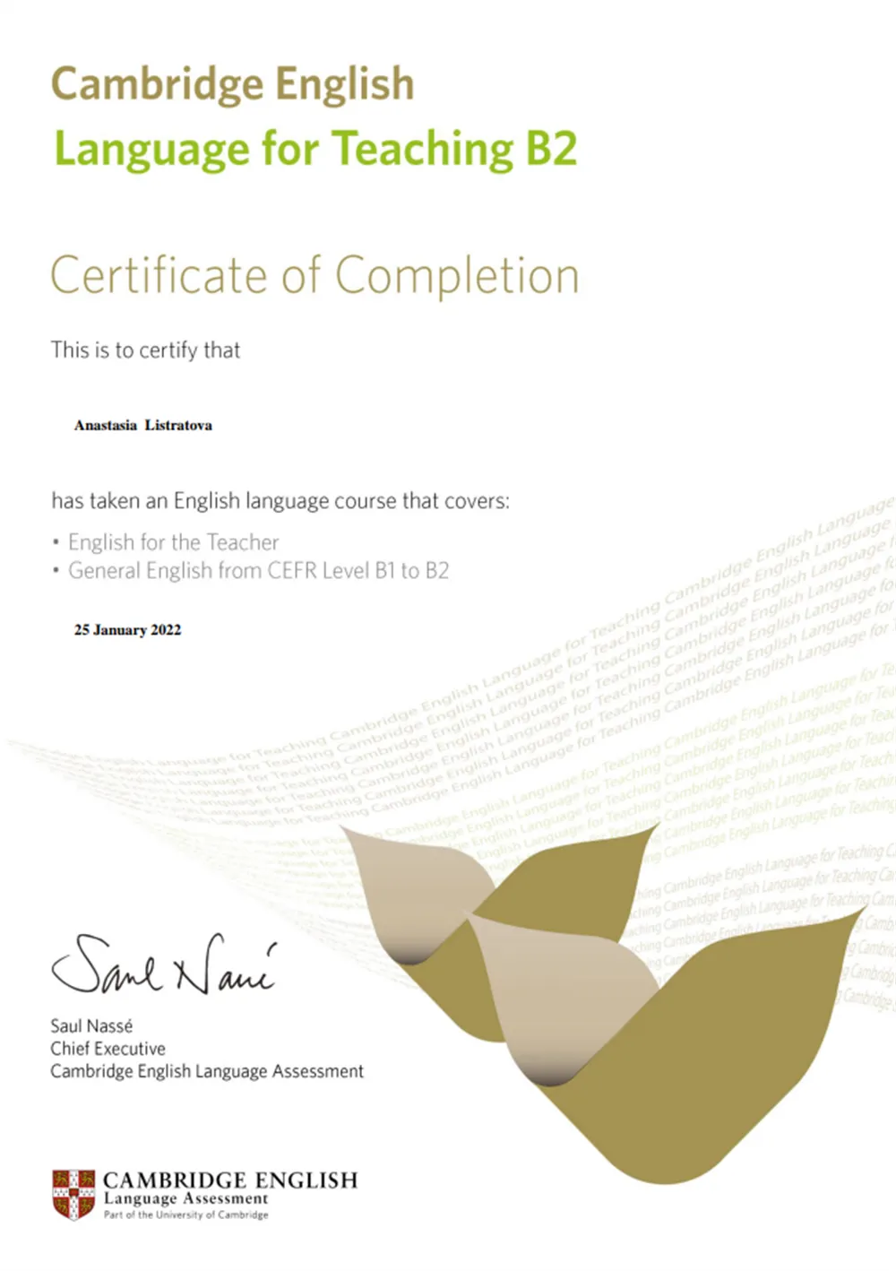 Сертификат Cambridge English for Teaching