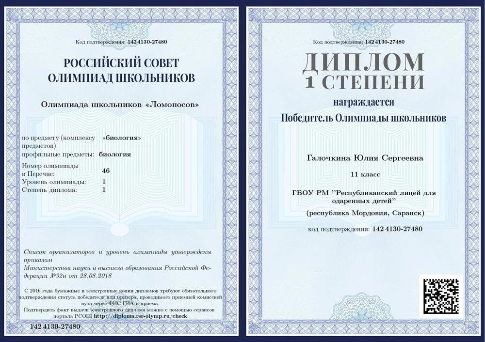 Победитель олимпиады первого уровня "Ломоносов"