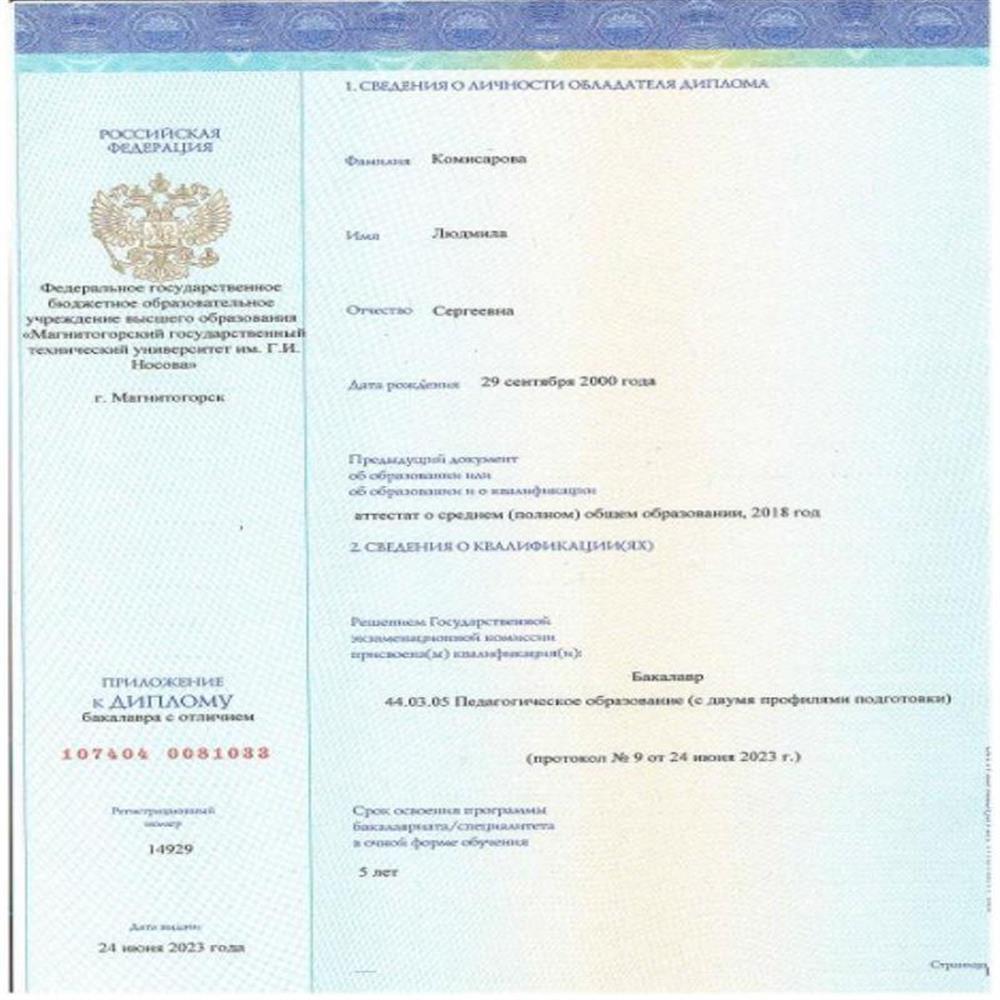 Диплом о высшем педагогическом образовании 