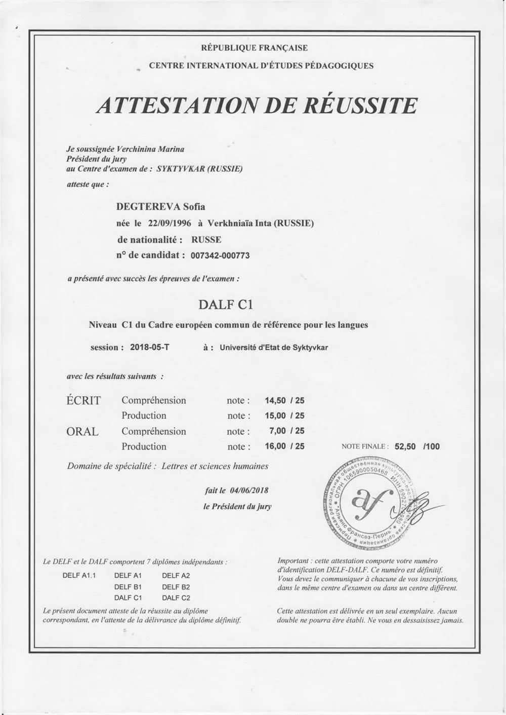 Сертификат на знание французского языка Dаlf C1