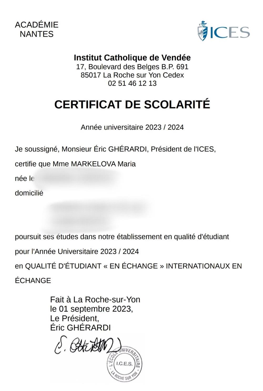 Сертификат о прохождении стажировки и обучения в институте ICES, Франция, Вандея
