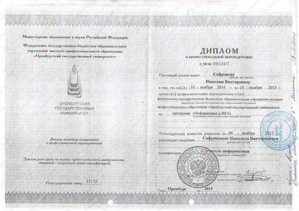Диплом: Окончил Оренбургский государственный университет, учитель информатики.