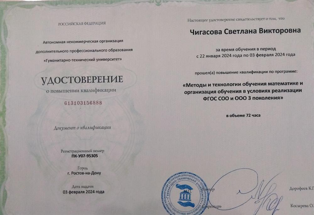 Удостоверение. Повышение квалификации
