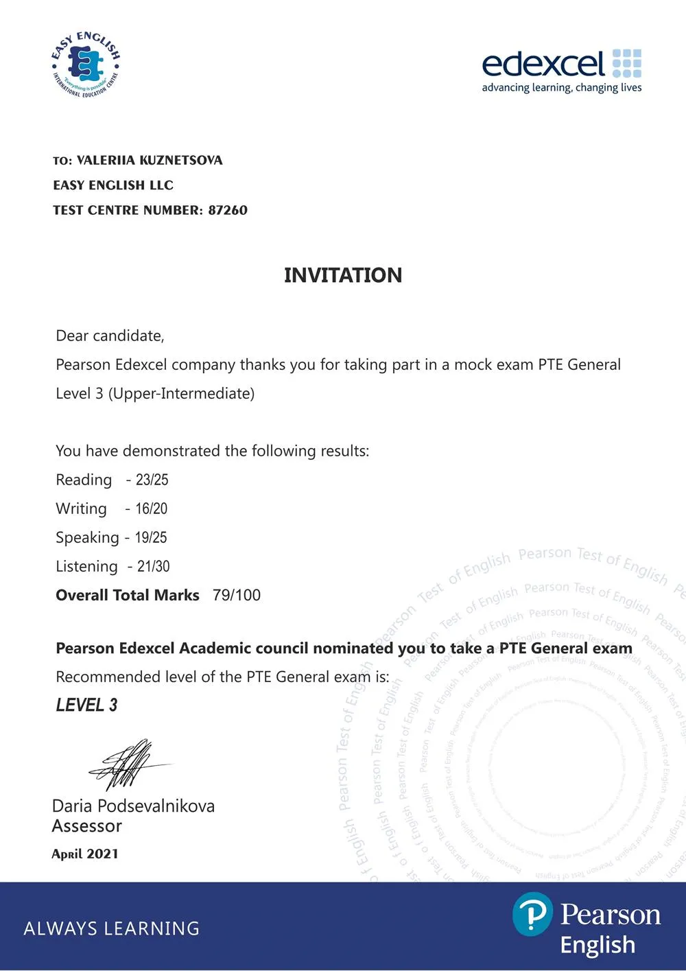 PET mock exam sertificate 