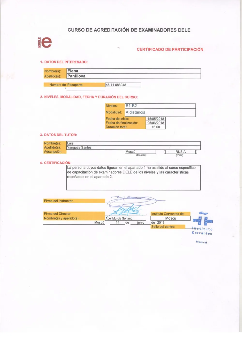 Диплом экзаменатора международного экзамена по испанскому языку DELE B1-B2