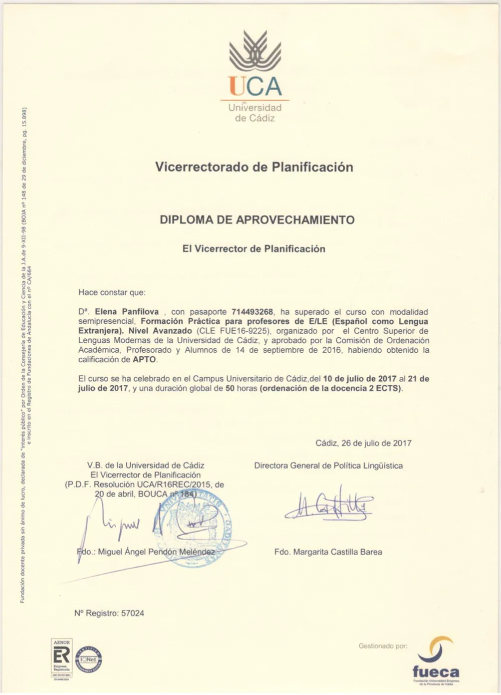 Диплом университета Universidad de Cadiz (UCA) (Испания), по программе «Практический курс для преподавателей испанского языка как иностранного. Продвинутый уровень» 