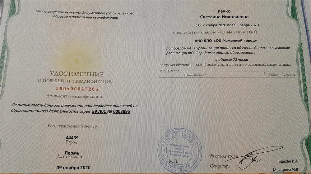 Удостоверение о прохождении курсов повышения квалификации
