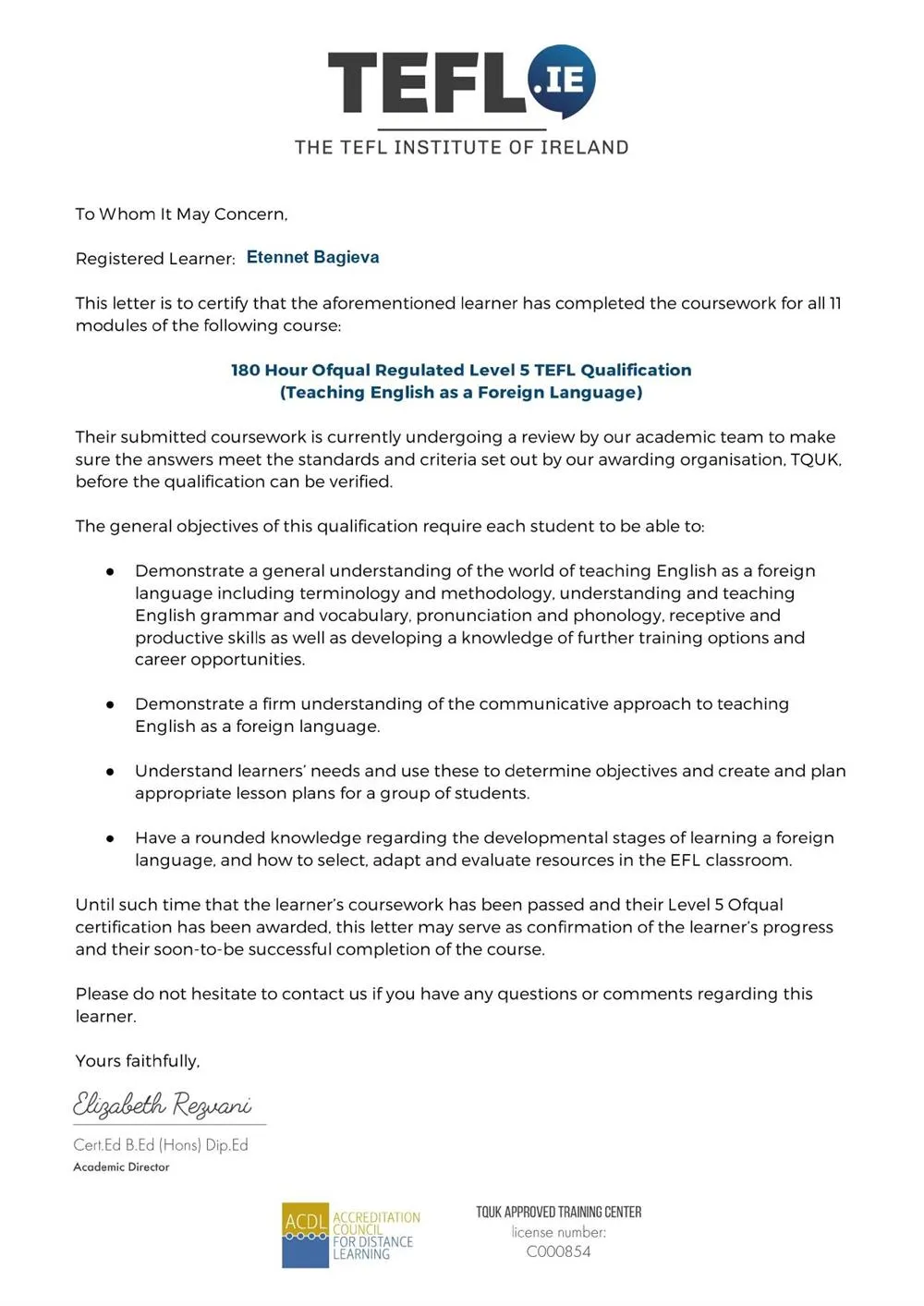 TEFL letter