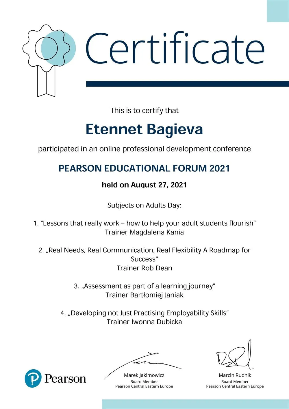 Pearson Forum participation certificate