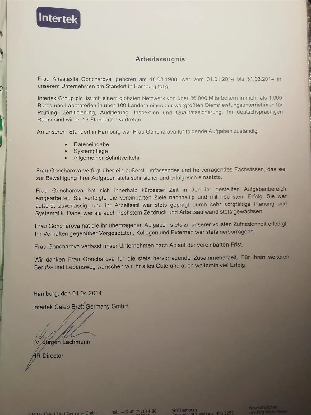 Arbeitszeugnis Intertek