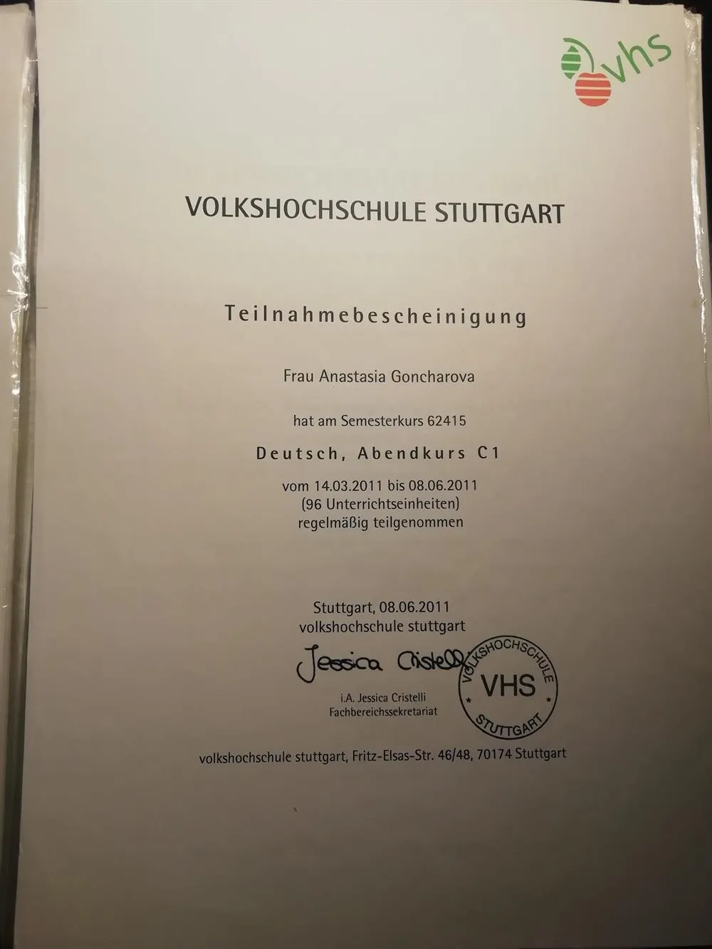 Teilnahmebescheinigung, Deutsch C1