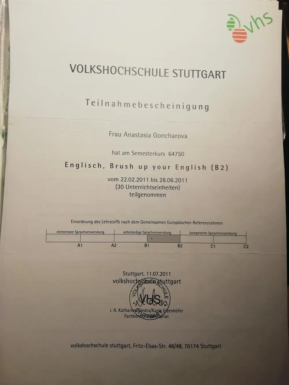 Teilnahmebescheinigung, English B2