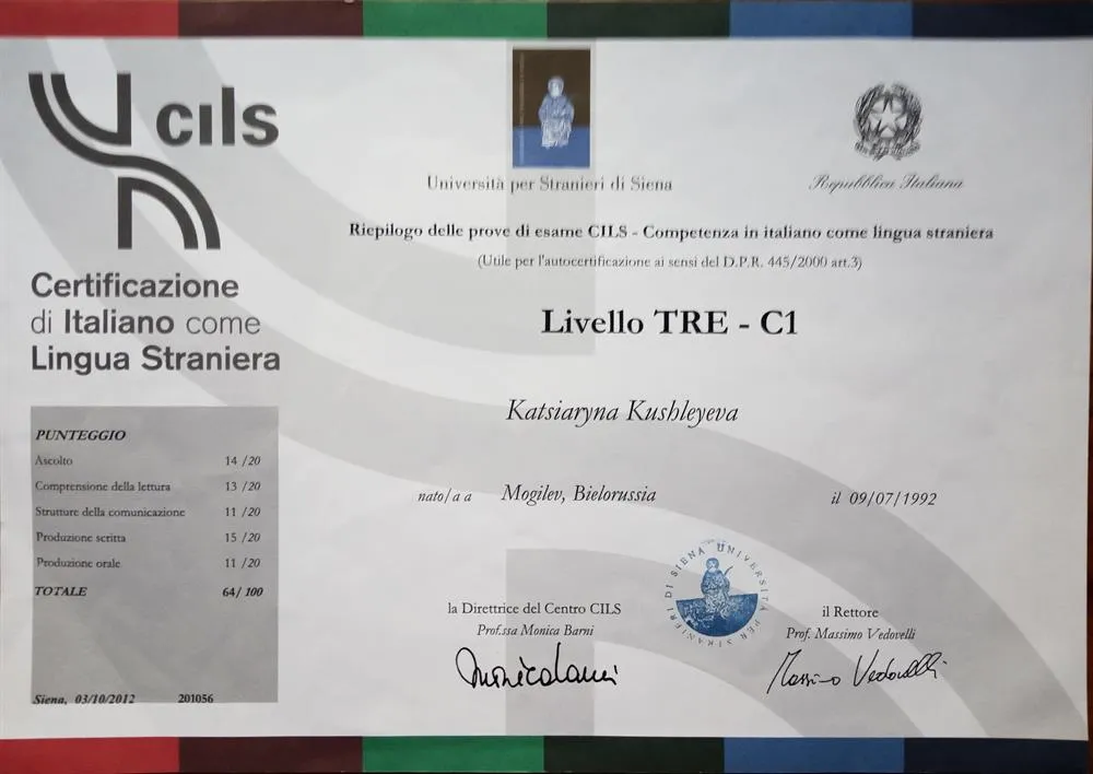 Уровень владения Итальянским Cils C1 (Профессиональный)
