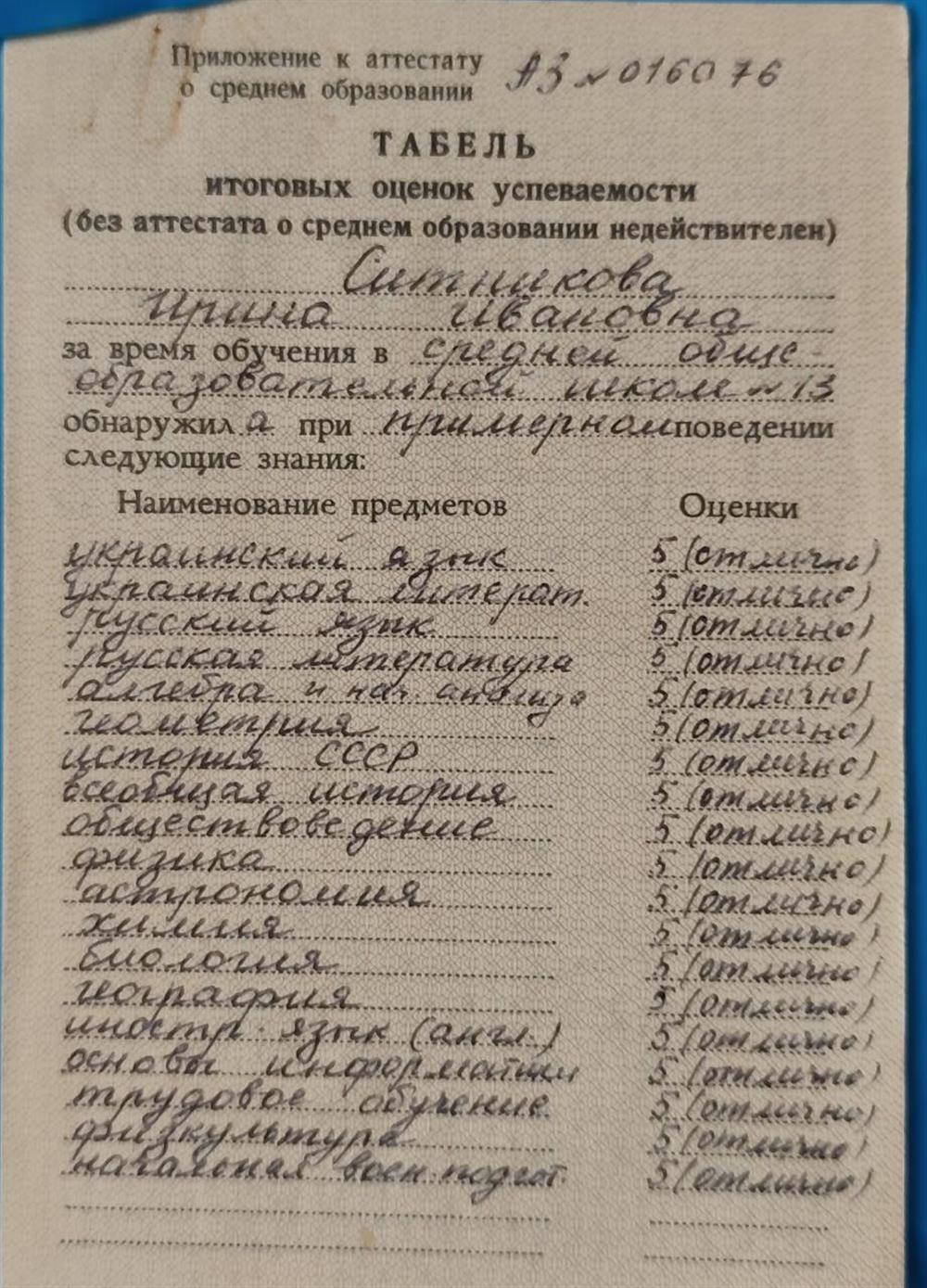 Табель успеваемости