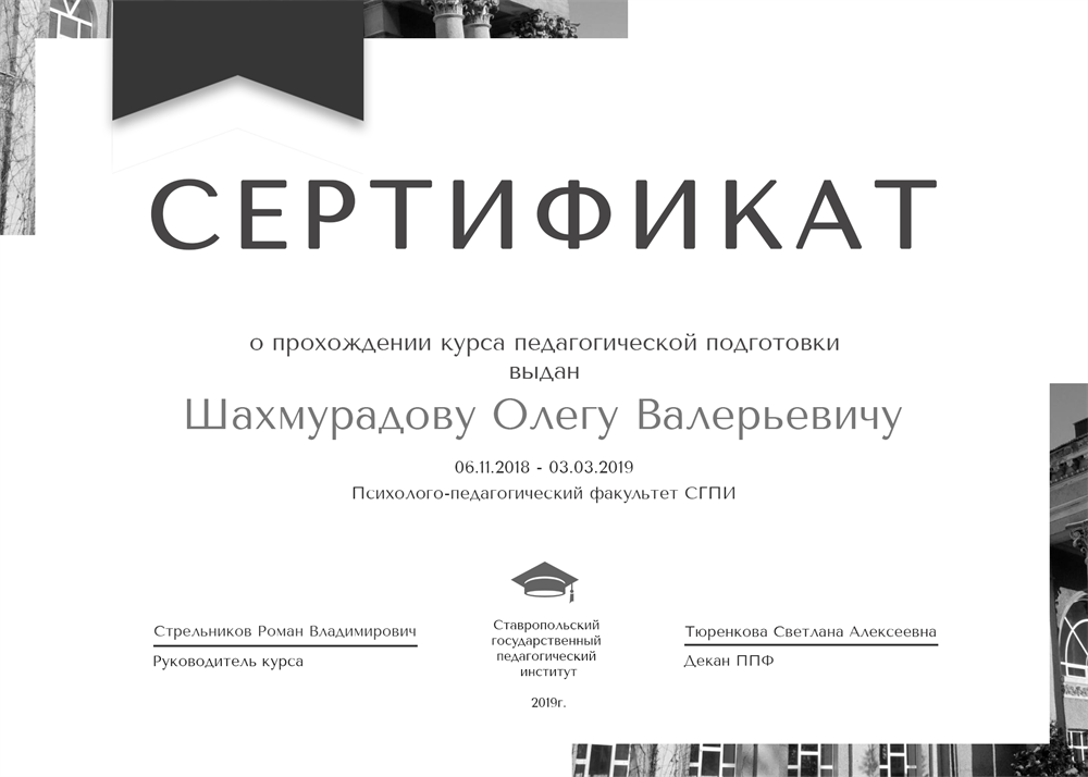 Сертификат о прохождении курса педагогической подготовки в СГПИ, 2019г