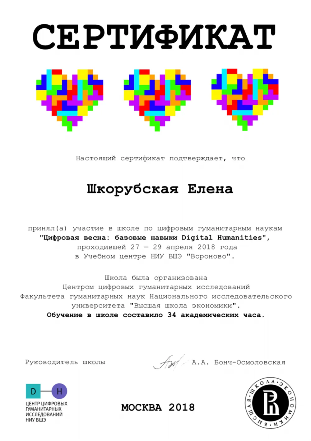 Сертификат об участии в школе по цифровым гуманитарным наукам НИУ ВШЭ "Цифровая весна: базовые навыки Digital Humanities"