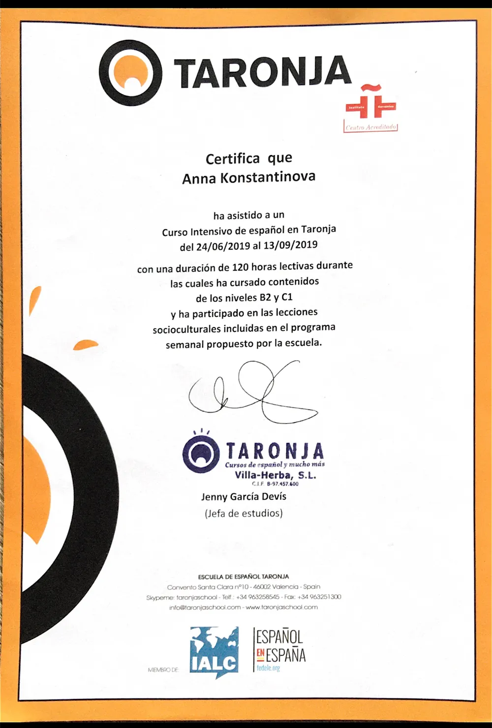 Сертификат о прохождении языковых курсов школы “Taronja” (Валенсия), 2019 г. 