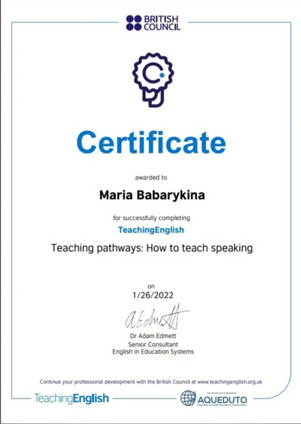 Certificate: How to teach speaking