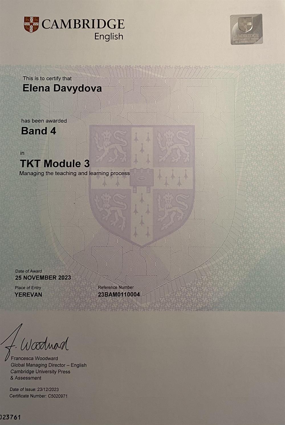 Сертификат. TKT Module 3 Band 4