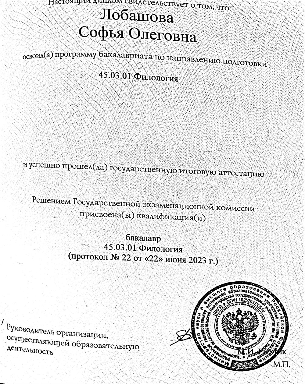 Диплом о получении высшего образования