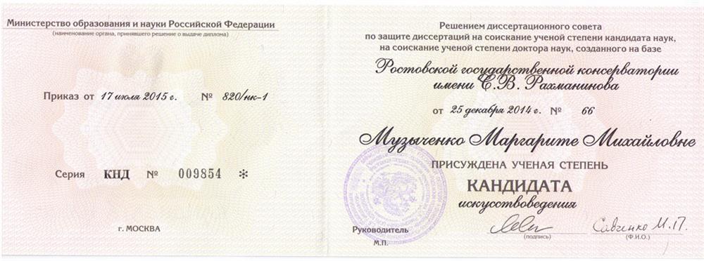 Диплом кандидата искусствоведения