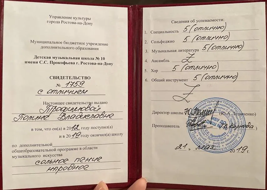 Свидетельство об окончании музыкальной школы с отличием