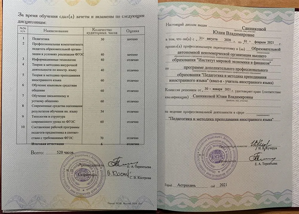 Приложение к диплому о профессиональной переподготовке 