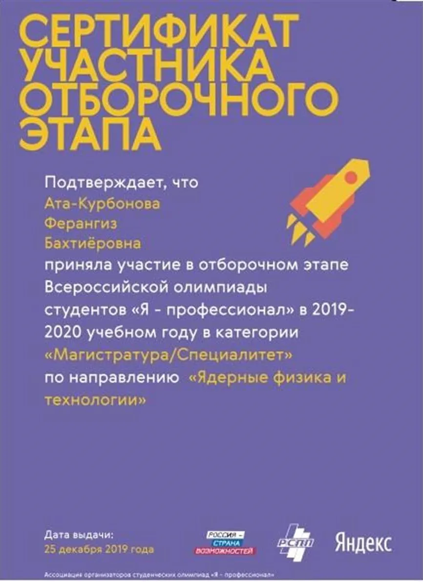 Сертификат участника олимпиады Я профессионал