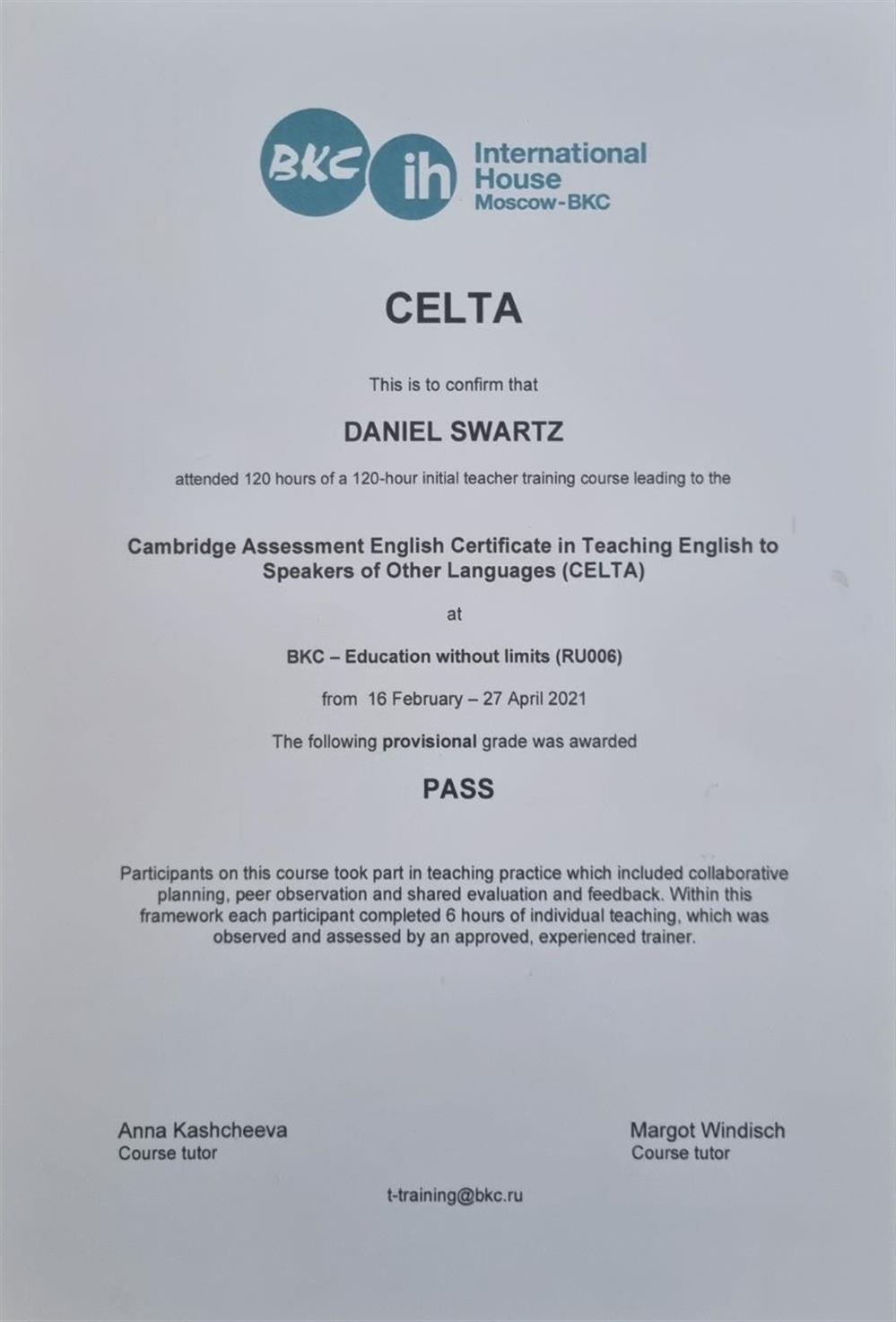 Сертификат об окончании курсов для учителей CELTA от BKC