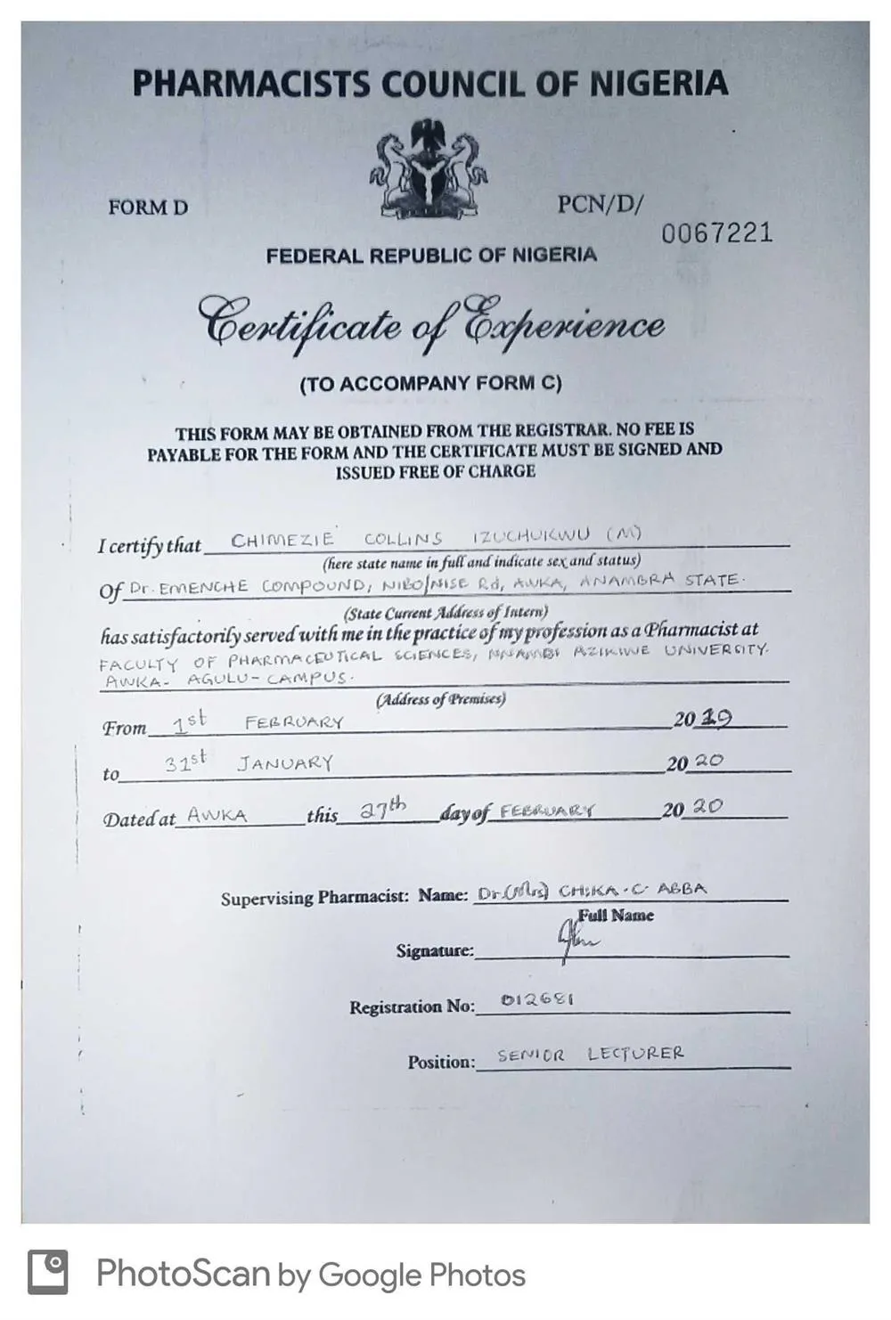 certificate of work experience