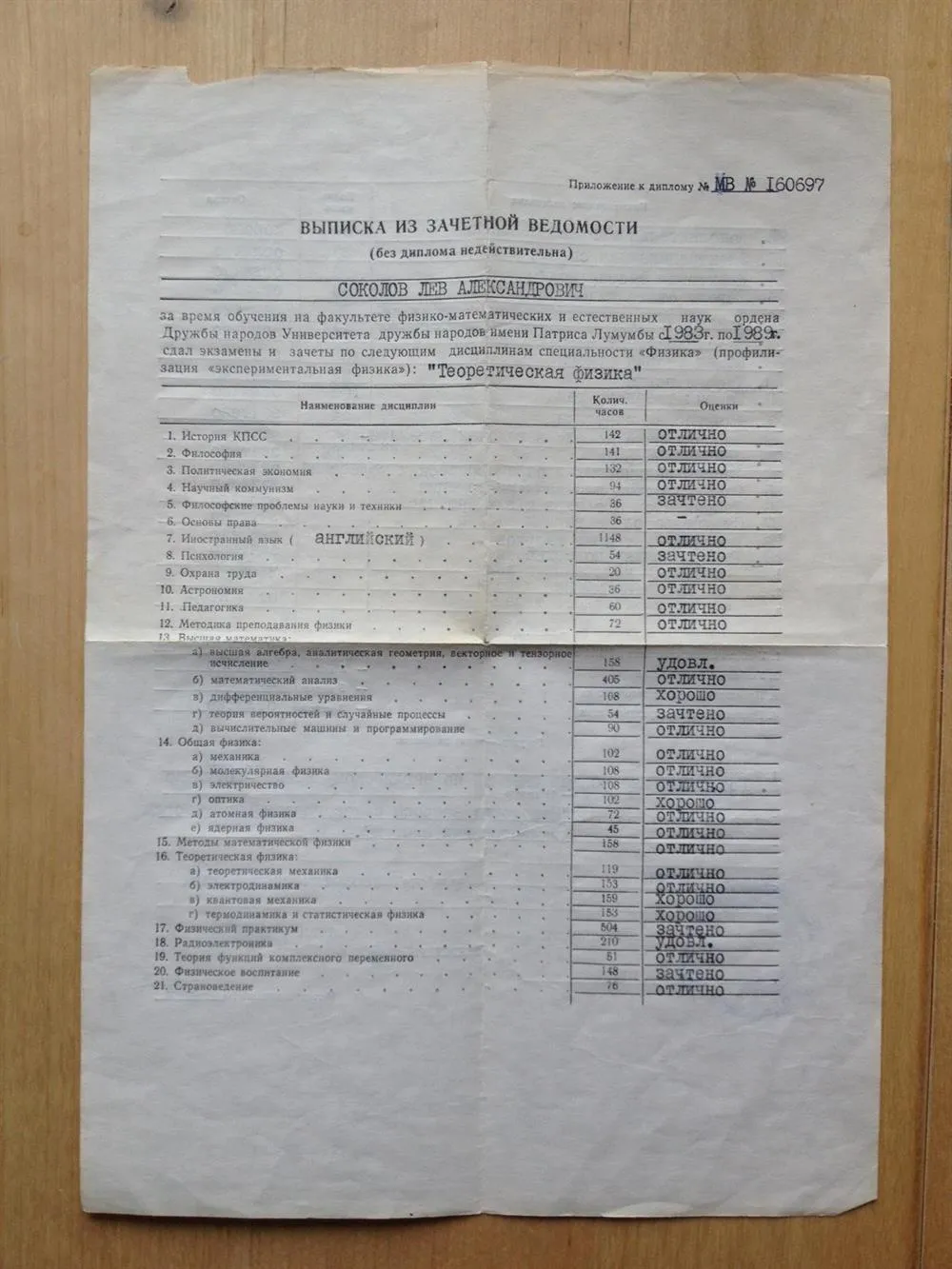 Выписка из Ведомости к диплому - стр. 1