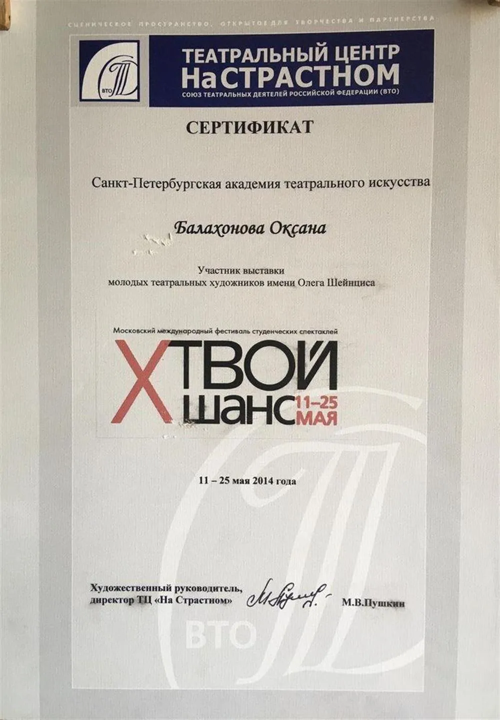 Театральный центр на Страстном Союз Театральных деятелей Российской Федерации (ВТО), участник выставки молодых театральных художников имени Олега Шейнциса, 2014 г.