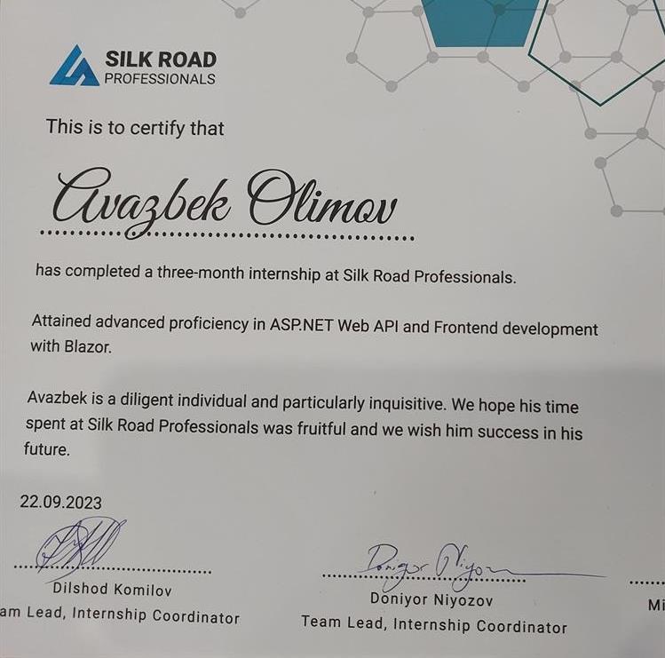 Сертификат Стажировки в "Silk Road Professionals