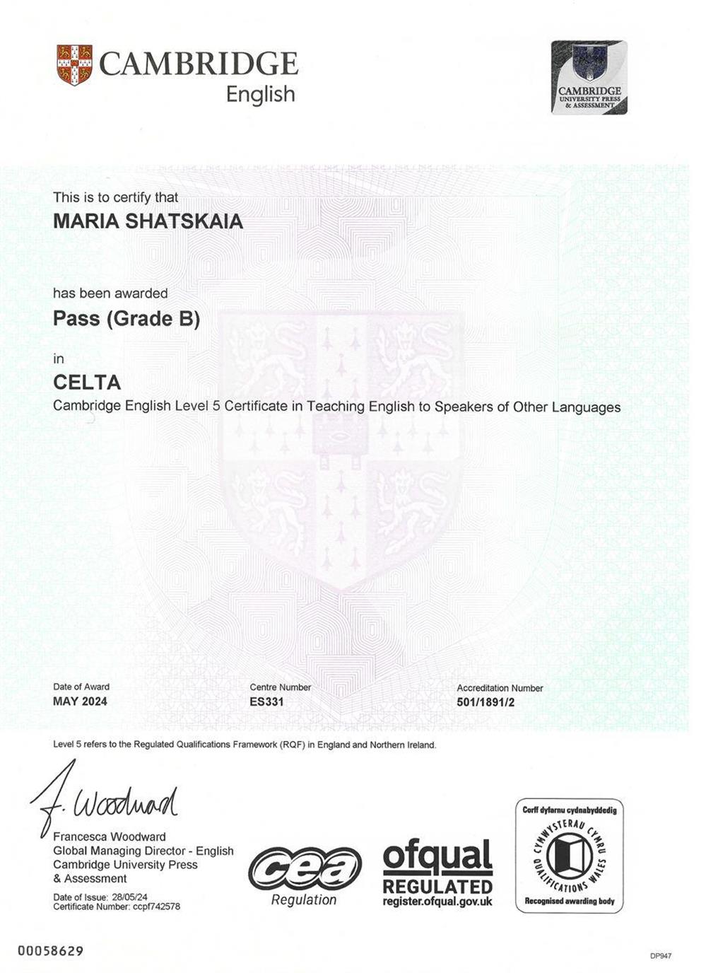 Cambridge CELTA (Certificate in Teaching English to Speakers of Other Languages)
