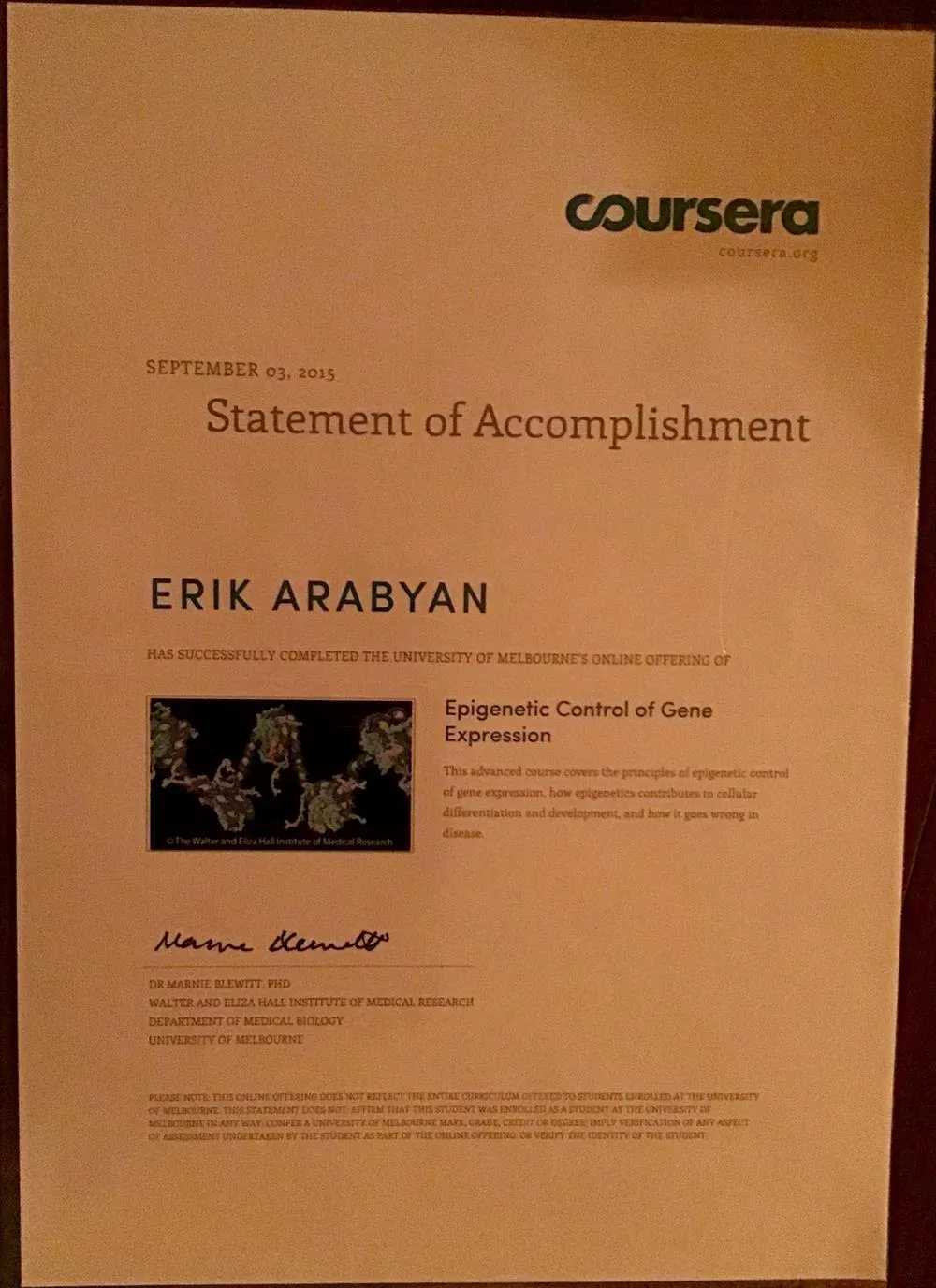 Course of Epigenetics. University of Melbourne