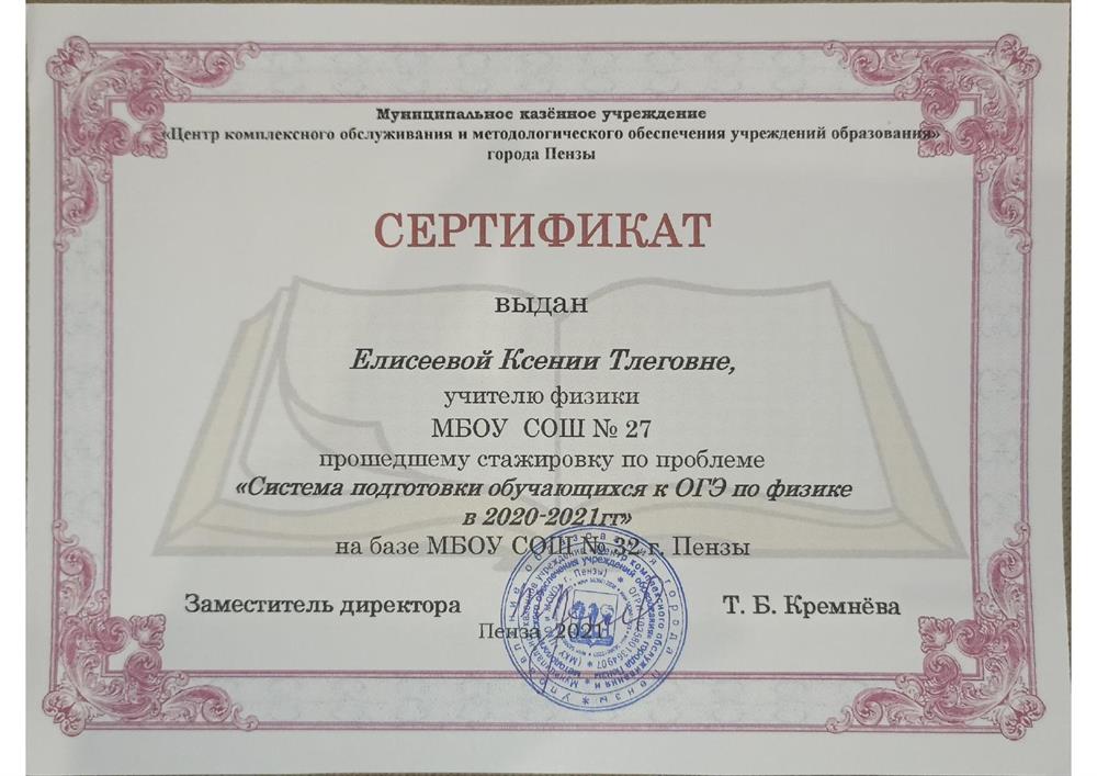 Сертификат. (Стажировка по проблеме "Система подготовки обучающихся к ОГЭ по физике")