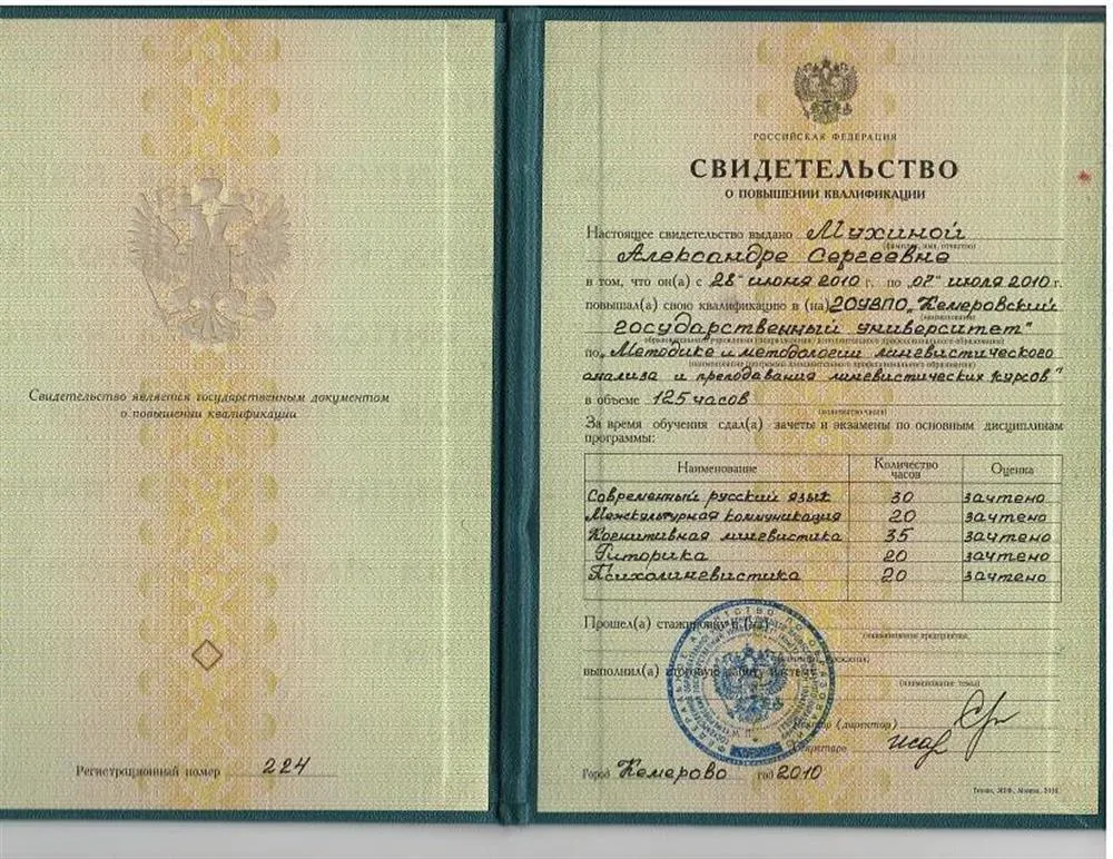 Свидетельство о повышении квалификации
