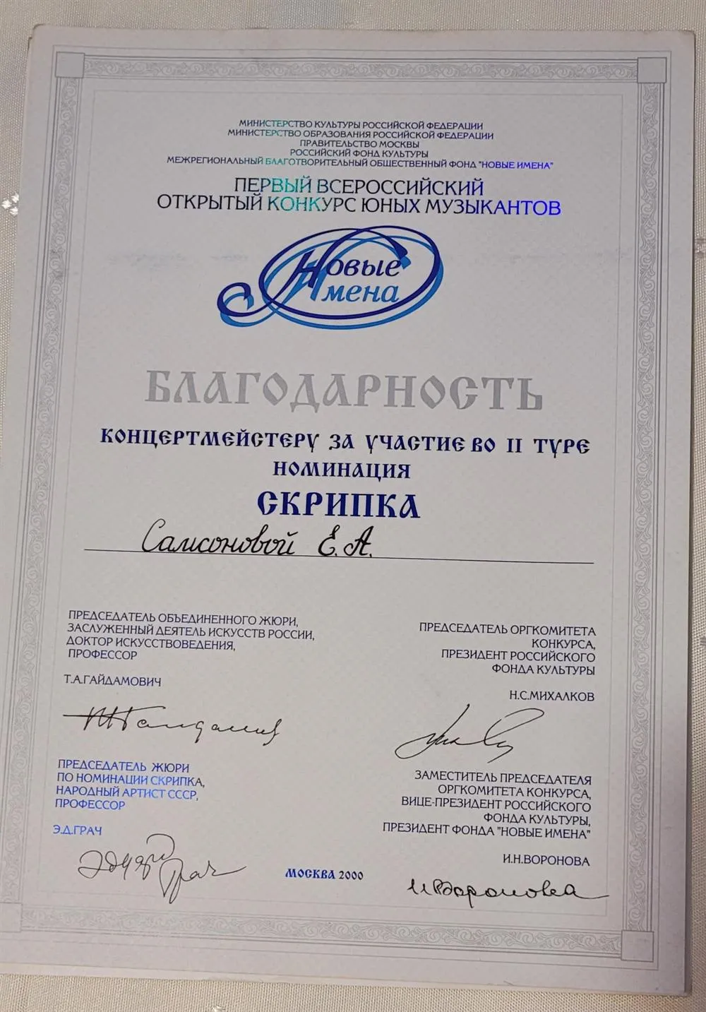 Благодарность за участие в конкурсе