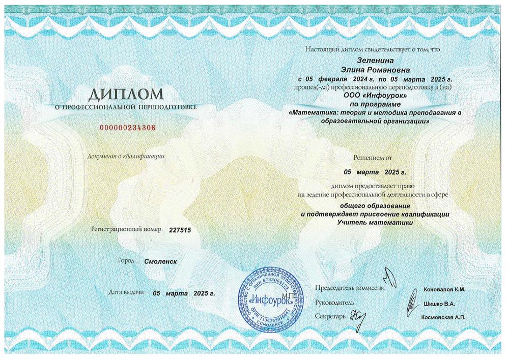 Диплом о присвоении квалификации Учитель математики