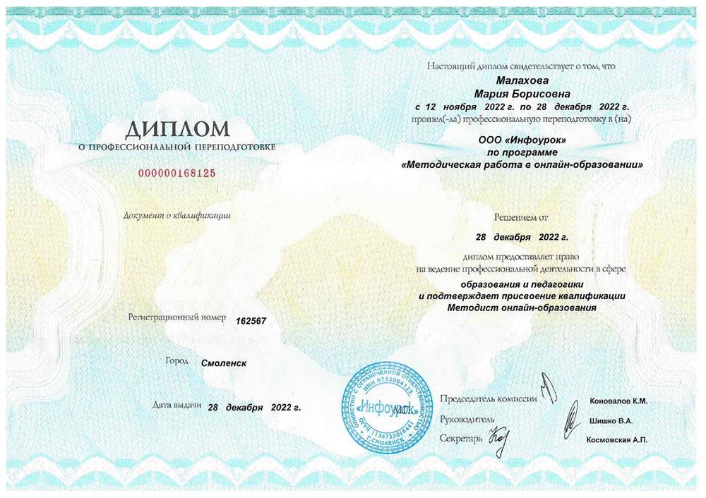Диплом о профессиональной переподготовке. Курс профессиональной переподготовки «Методическая работа в онлайн-образовании» 