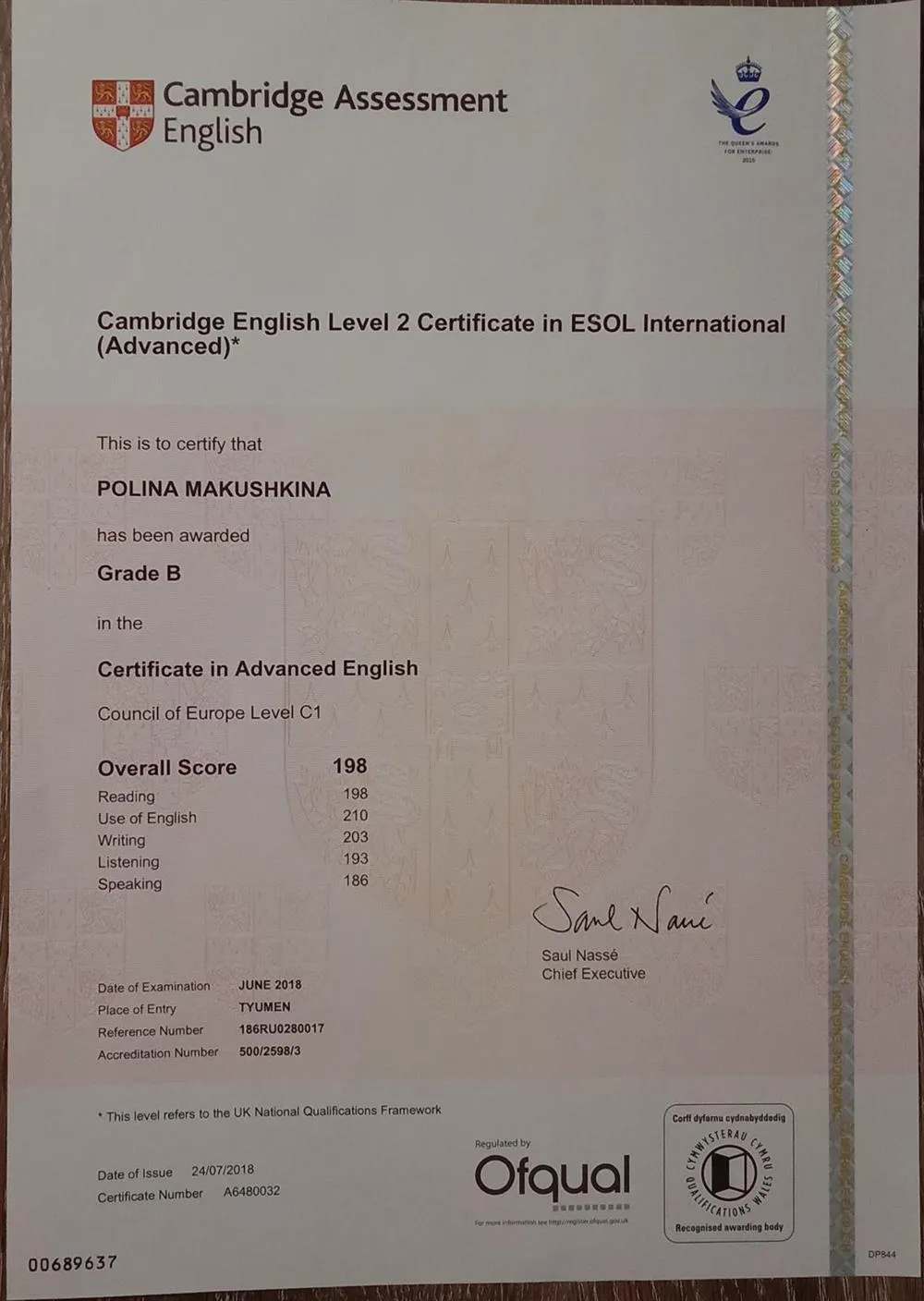 Cambridge Advanced Exam (CAE) diploma