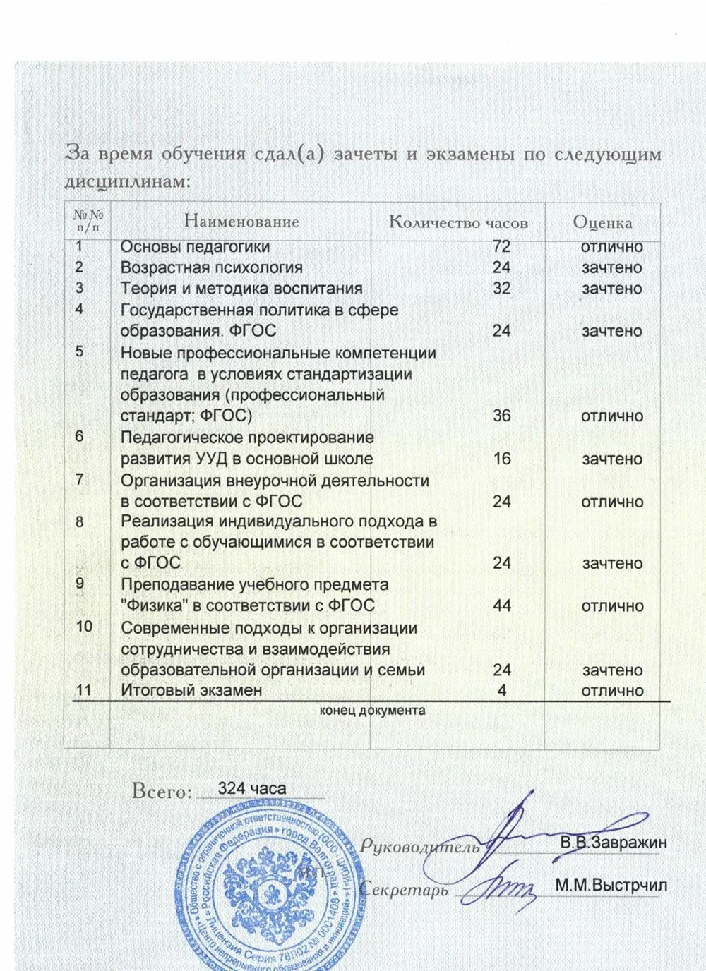 Приложение к диплому "Учитель физики"