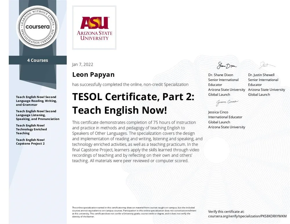 Arizona State University, TESOL Certificate, Part 2, 2021–2022 гг.