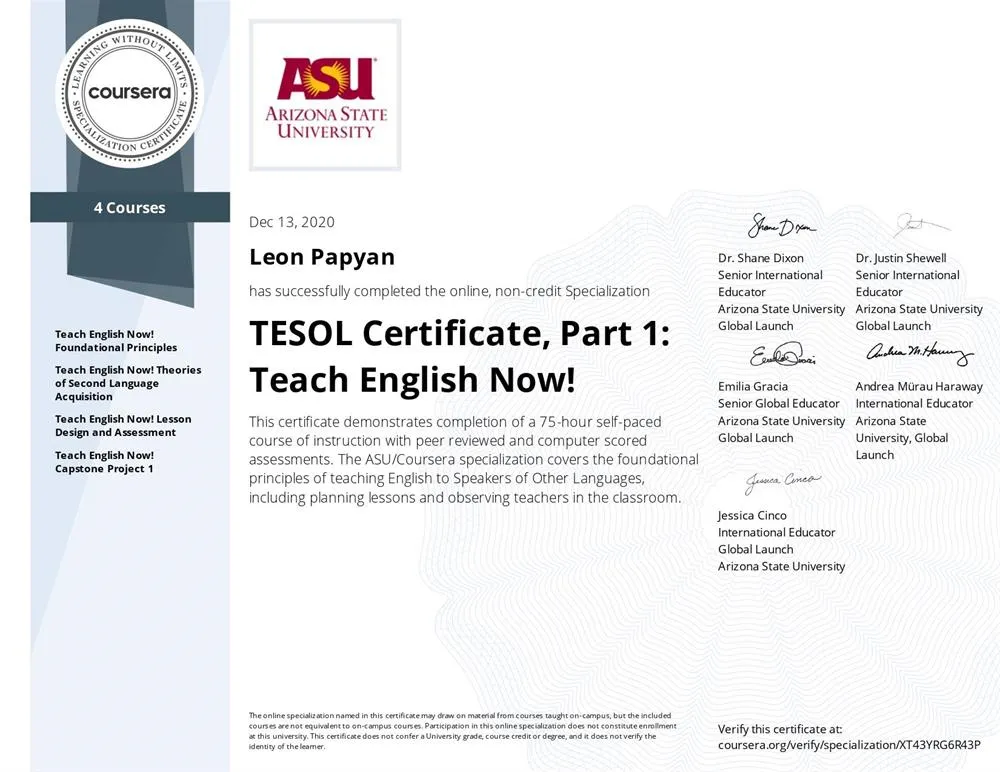 Arizona State University, TESOL Certificate, Part 1, 2021–2022 гг.