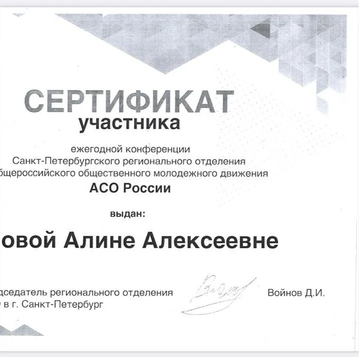 Сертификат участника ежегодной конференции Санкт-Петербургского регионального отделения Общероссийского общественного молодежного движения АСО России