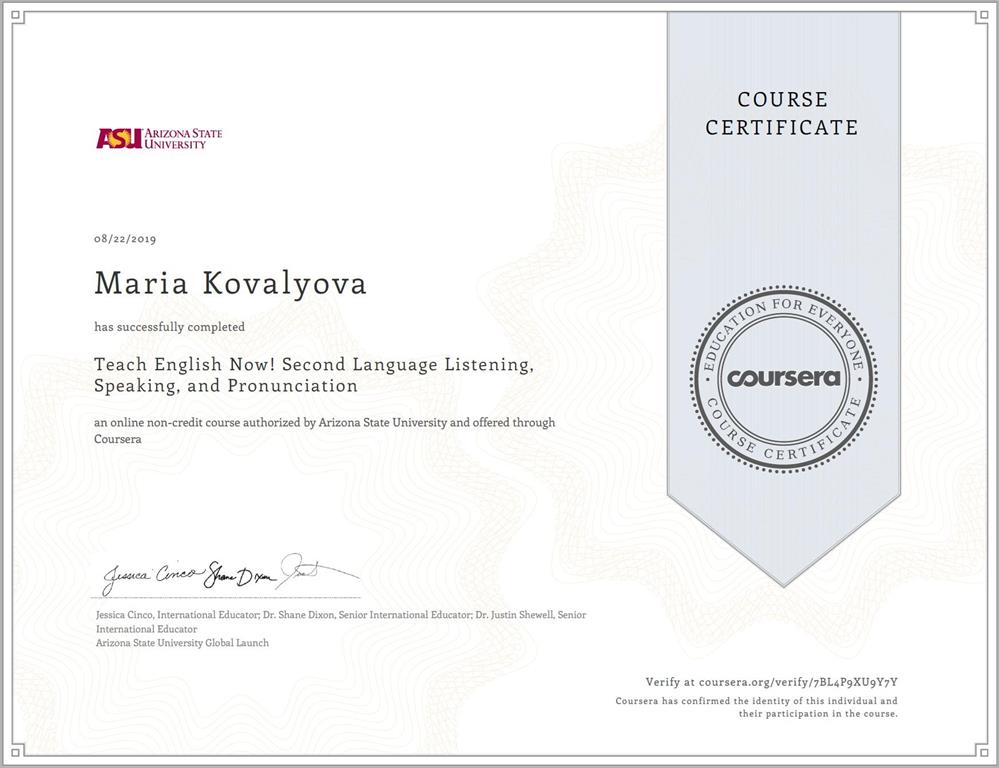 Arizona State University, course "Second Language Listening, Speaking, and Pronunciation", 2019