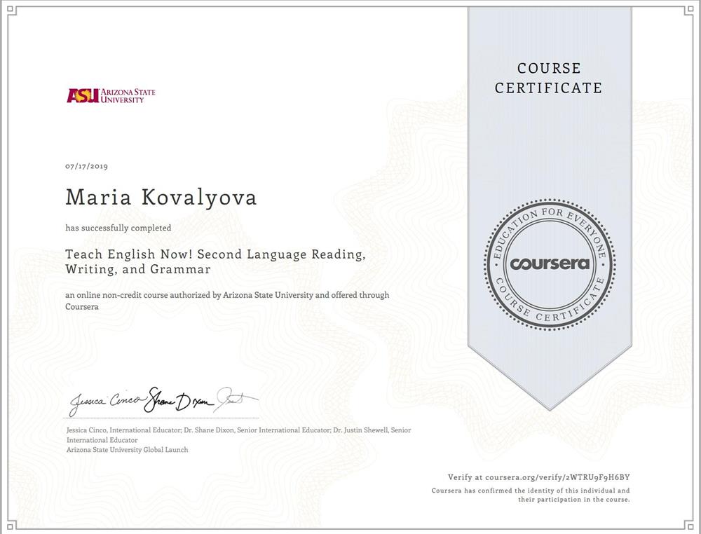 Arizona State University, course "Second Language Reading, Writing, and Grammar", 2019
