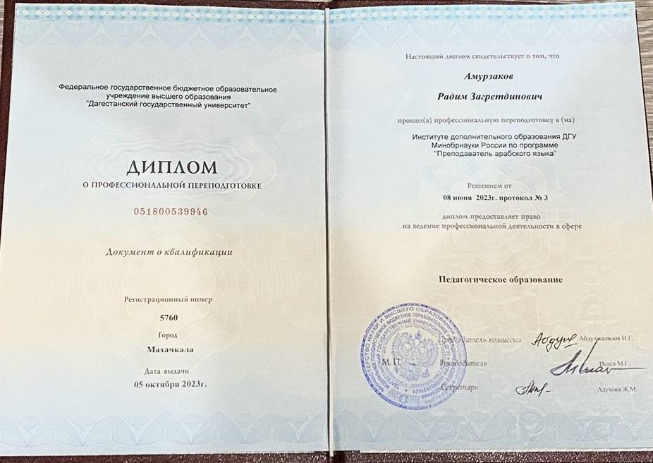 ДИПЛОМ ДГУ ПЕРЕПОДГОТОВКА ПРЕПОДАВАТЕЛЬ АРАБСКОГО ЯЗЫКА